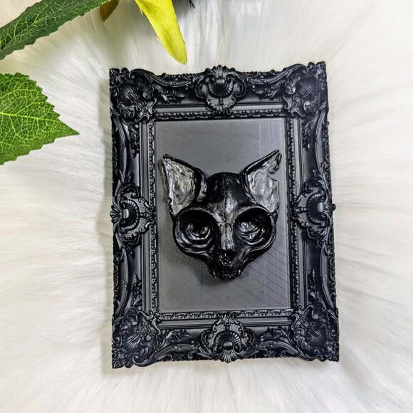 3.8" Mini Framed Victorian Gothic Tiny CAT SKULL Wall Plaque • Gothic Home Decor - Picture 1 of 6
